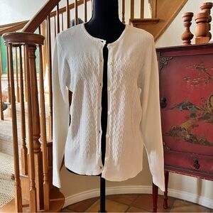 LIZ claiborne LIZSPORT L white ribbed cotton knit button crew cardigan